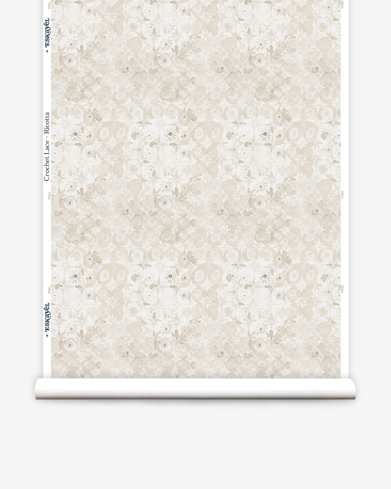 Wallpaper roll with beige watercolor floral pattern on a white background.