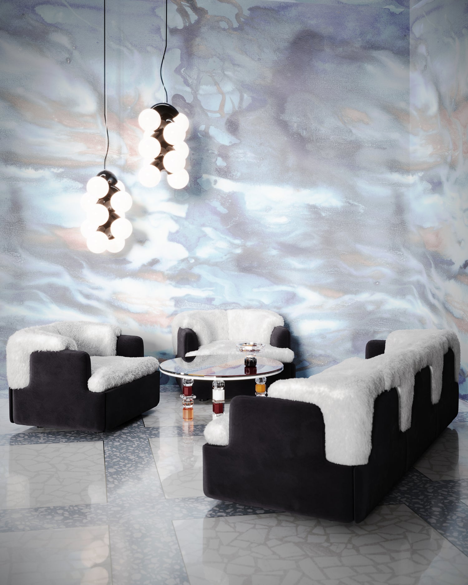 Living room scene against  against cool blue watercolor mural wallpaper. 