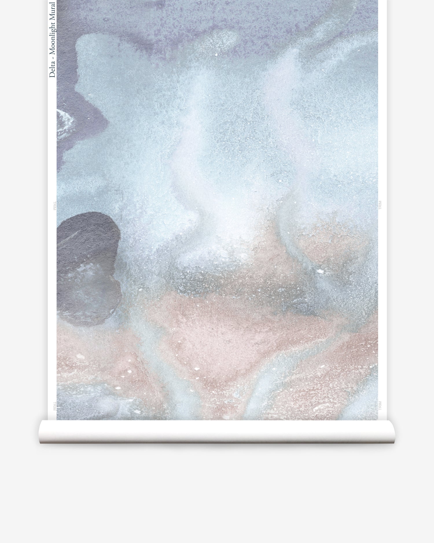 Mural wallpaper roll in an abstract textural watercolor design in blue with taupe. 