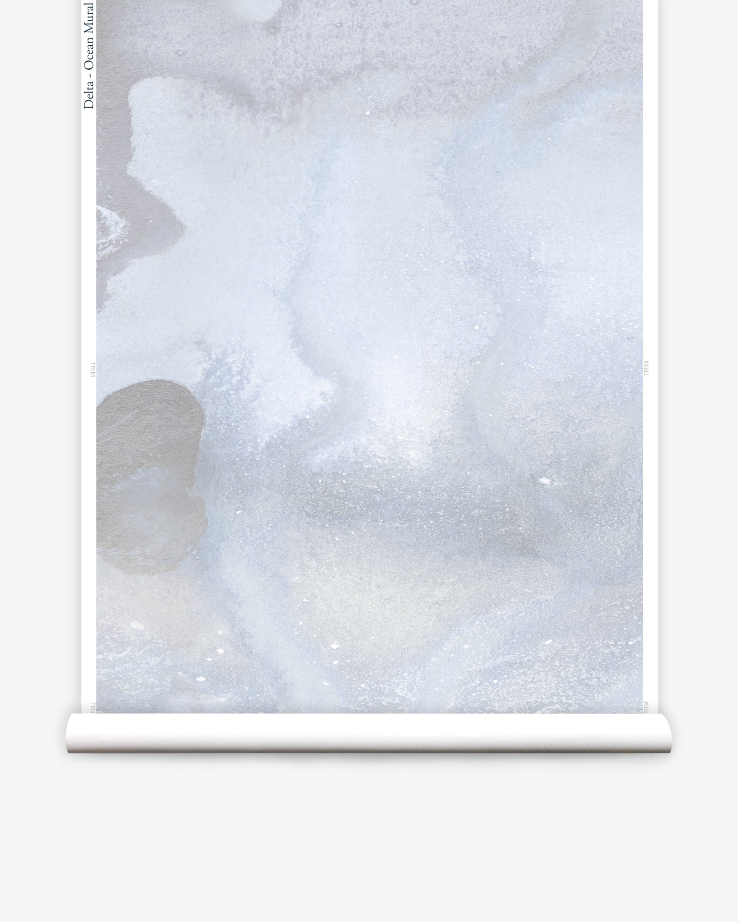 Mural wallpaper roll in an abstract textural watercolor design in pale grey blue. 