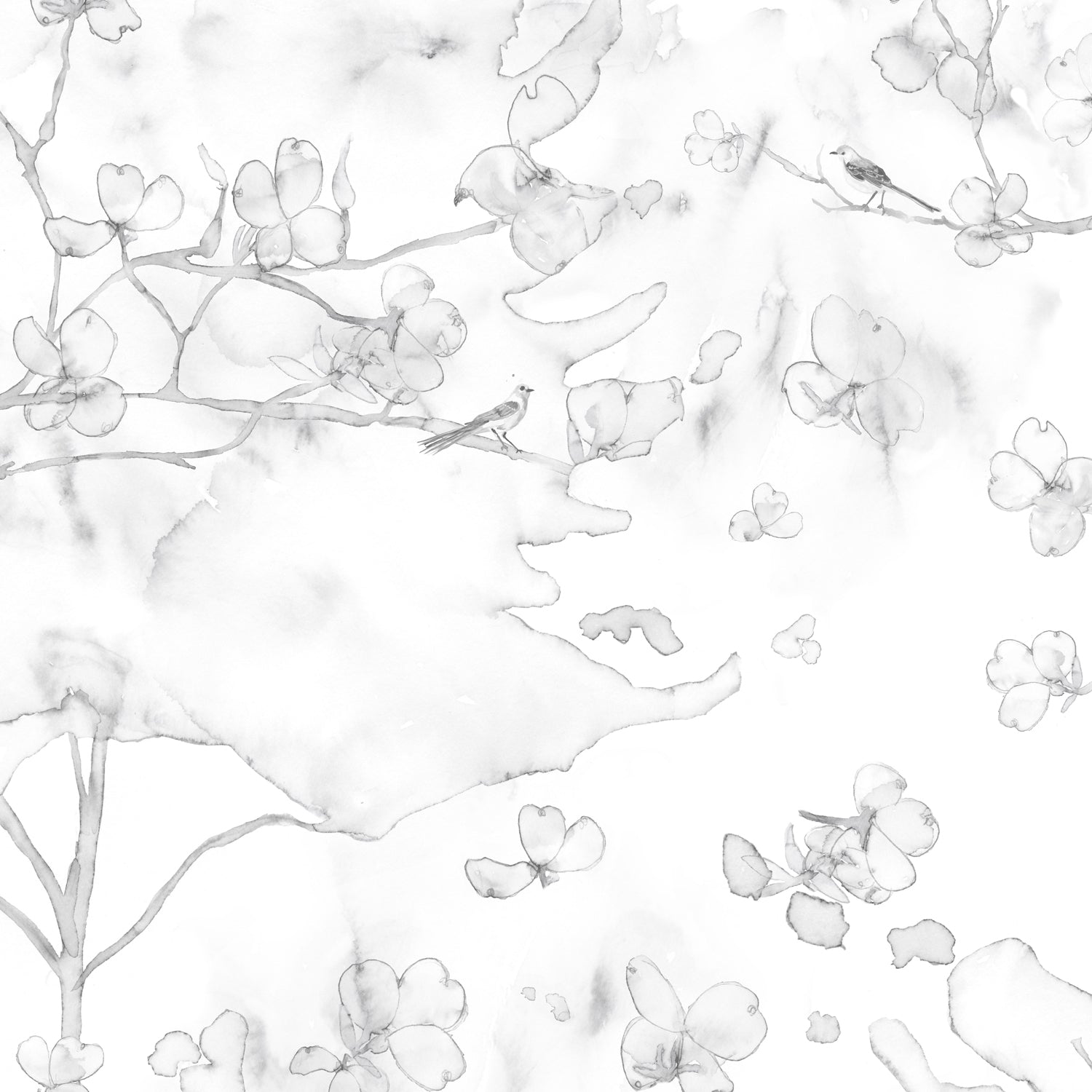Wallpaper detail in a watercolor branch and floral pattern in soft grey on a white field