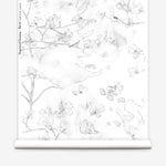Wallpaper roll in a watercolor branch and floral pattern in soft grey on a white field