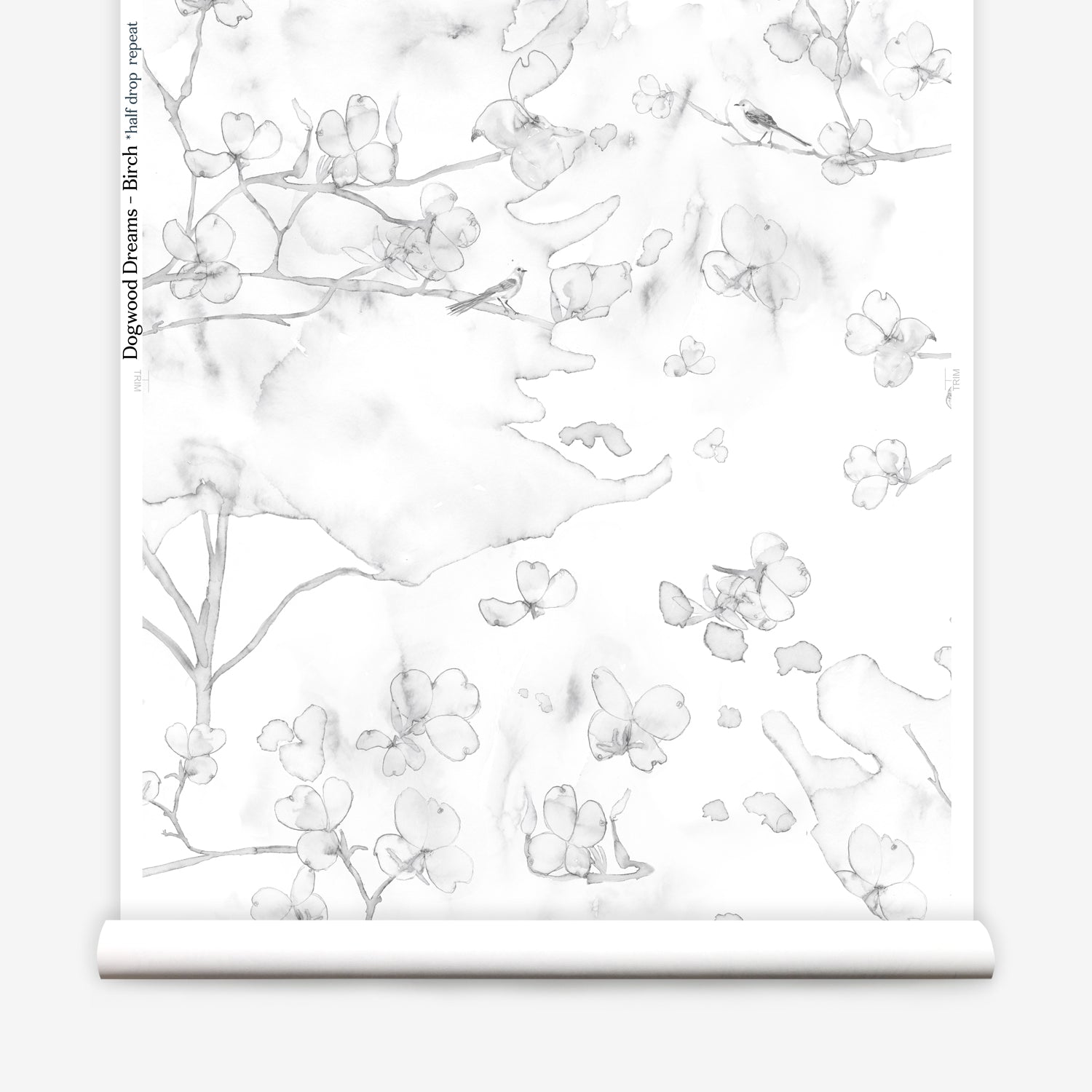 Wallpaper roll in a watercolor branch and floral pattern in soft grey on a white field