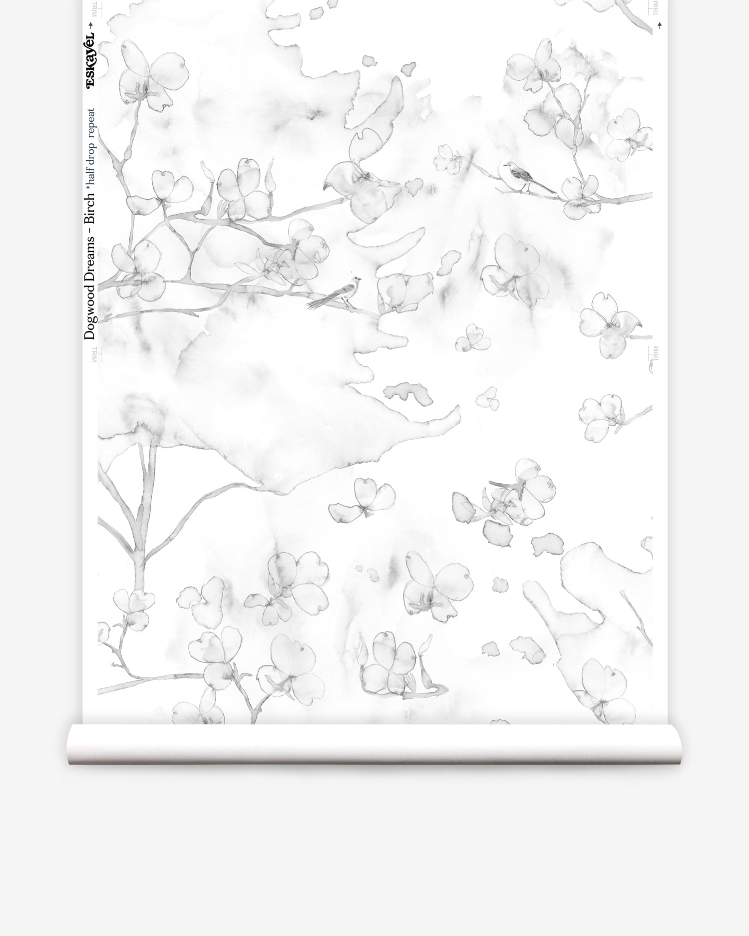Wallpaper roll in a watercolor branch and floral pattern in soft grey on a white field
