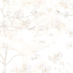 Wallpaper detail in a watercolor branch and floral pattern in beige on a white field.
