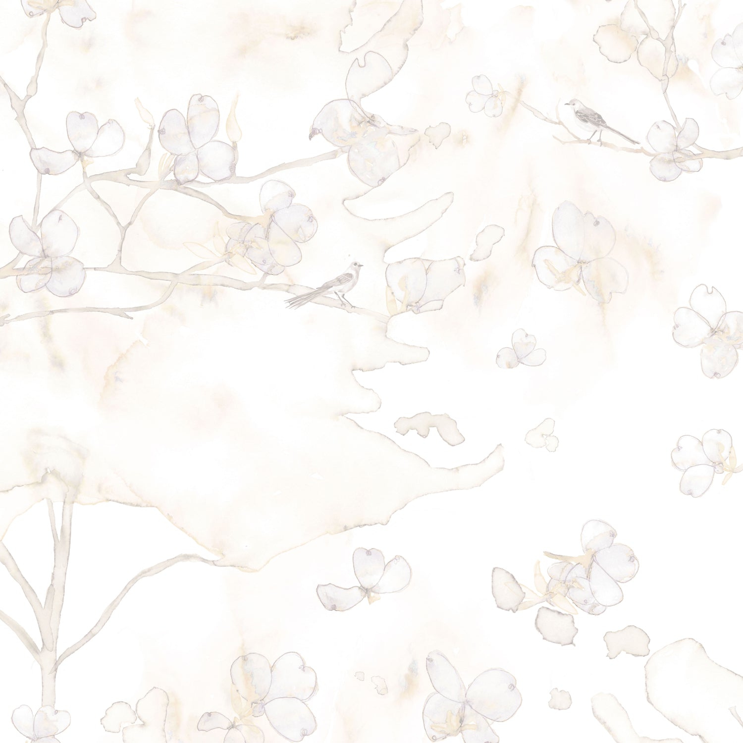 Wallpaper detail in a watercolor branch and floral pattern in beige on a white field.