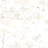 Wallpaper detail in a watercolor branch and floral pattern in beige on a white field.