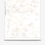 Wallpaper roll in a watercolor branch and floral pattern in beige on a white field.