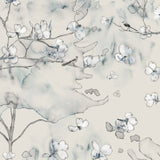 Wallpaper detail in a watercolor branch and floral pattern in grey and blue on a taupe muted taupe field. 