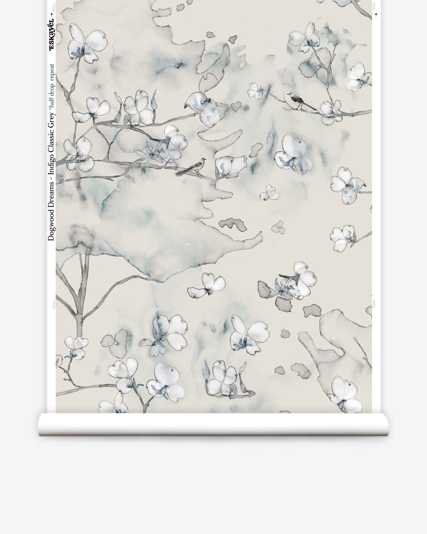 Wallpaper roll in a watercolor branch and floral pattern in grey and blue on a taupe muted taupe field. 