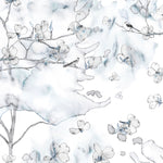 Wallpaper detail in a watercolor branch and floral pattern in shades of blue on a white field.