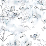 Wallpaper detail in a watercolor branch and floral pattern in shades of blue on a white field.