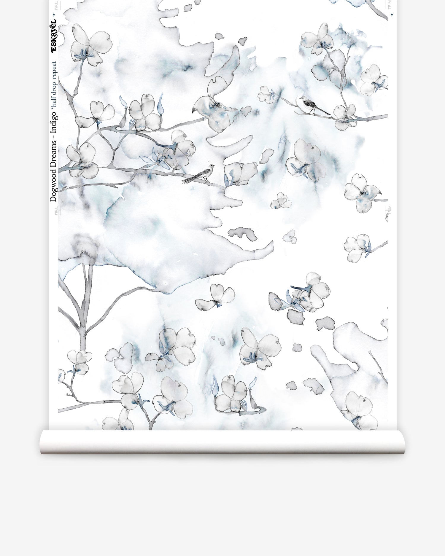 Wallpaper roll in a watercolor branch and floral pattern in shades of blue on a white field.
