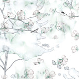Wallpaper detail in a watercolor branch and floral pattern in teal green on a white field.