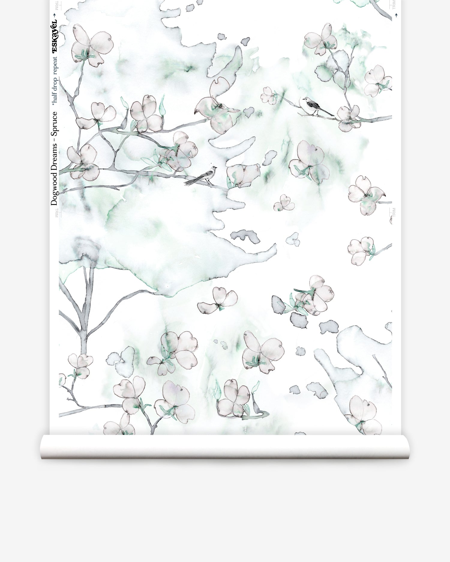 Wallpaper roll in a watercolor branch and floral pattern in teal green on a white field.