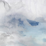 Wallpaper detail of an ethereal watercolor mural in shades of blue and grey. 