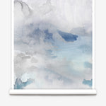 Wallpaper roll of an ethereal watercolor mural in shades of blue and grey. 