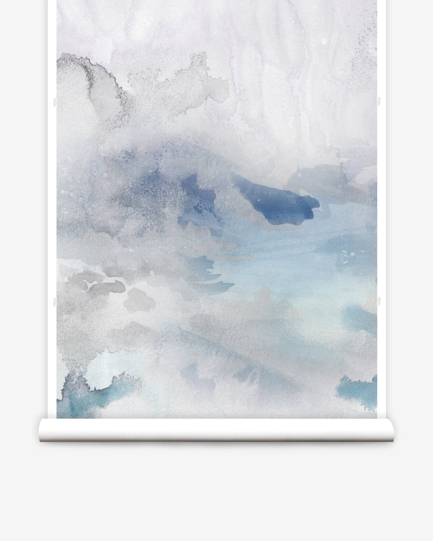 Wallpaper roll of an ethereal watercolor mural in shades of blue and grey. 