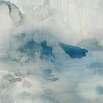 Wallpaper detail of an ethereal watercolor mural in shades teal, blue and soft grey. 