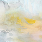 Wallpaper detail of an ethereal watercolor mural in shades of blue, green, yellow and grey. 