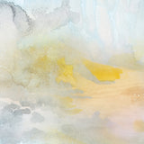 Wallpaper detail of an ethereal watercolor mural in shades of blue, green, yellow and grey. 