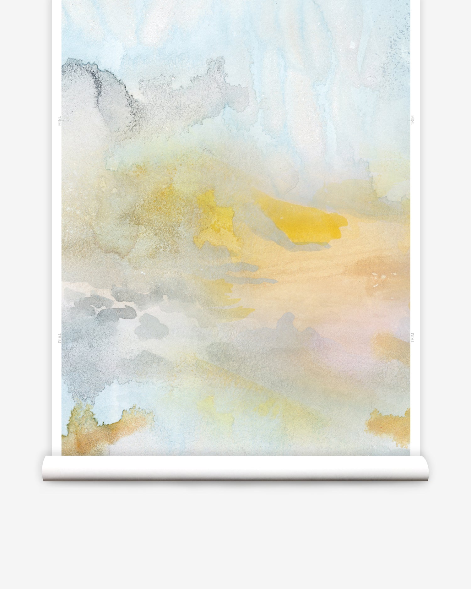 Wallpaper roll of an ethereal watercolor mural in shades of blue, green, yellow and grey. 
