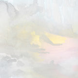Wallpaper detail of an ethereal watercolor mural in pastel shades of blush pink, yellow, aqua and grey. 