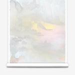 Wallpaper roll of an ethereal watercolor mural in shades  blush pink, yellow, aqua and grey. 