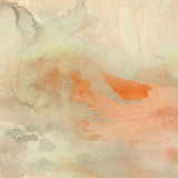 Wallpaper detail of an ethereal watercolor mural in pastel shades of rust red, warm orange, tan, and taupe.