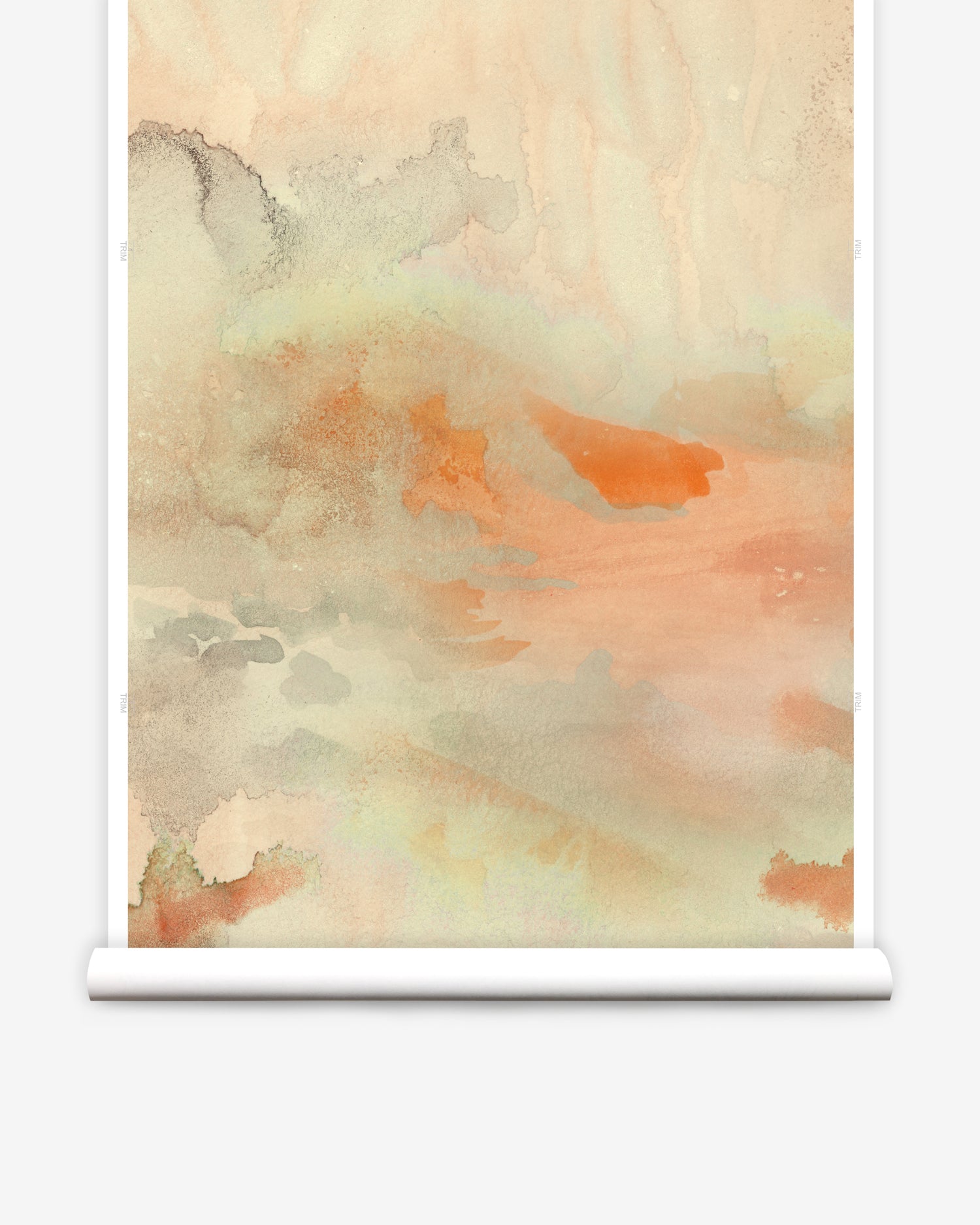 Wallpaper roll of an ethereal watercolor mural in shades rust red, warm orange, tan, and taupe.