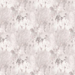 Detail of wallpaper in a painterly tree print in light pink and purple on a cream field.