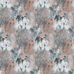 Detail of wallpaper in a painterly tree print in light turquoise and gray on a coral field.