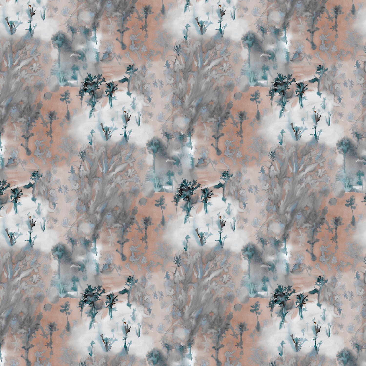Detail of wallpaper in a painterly tree print in light turquoise and gray on a coral field.
