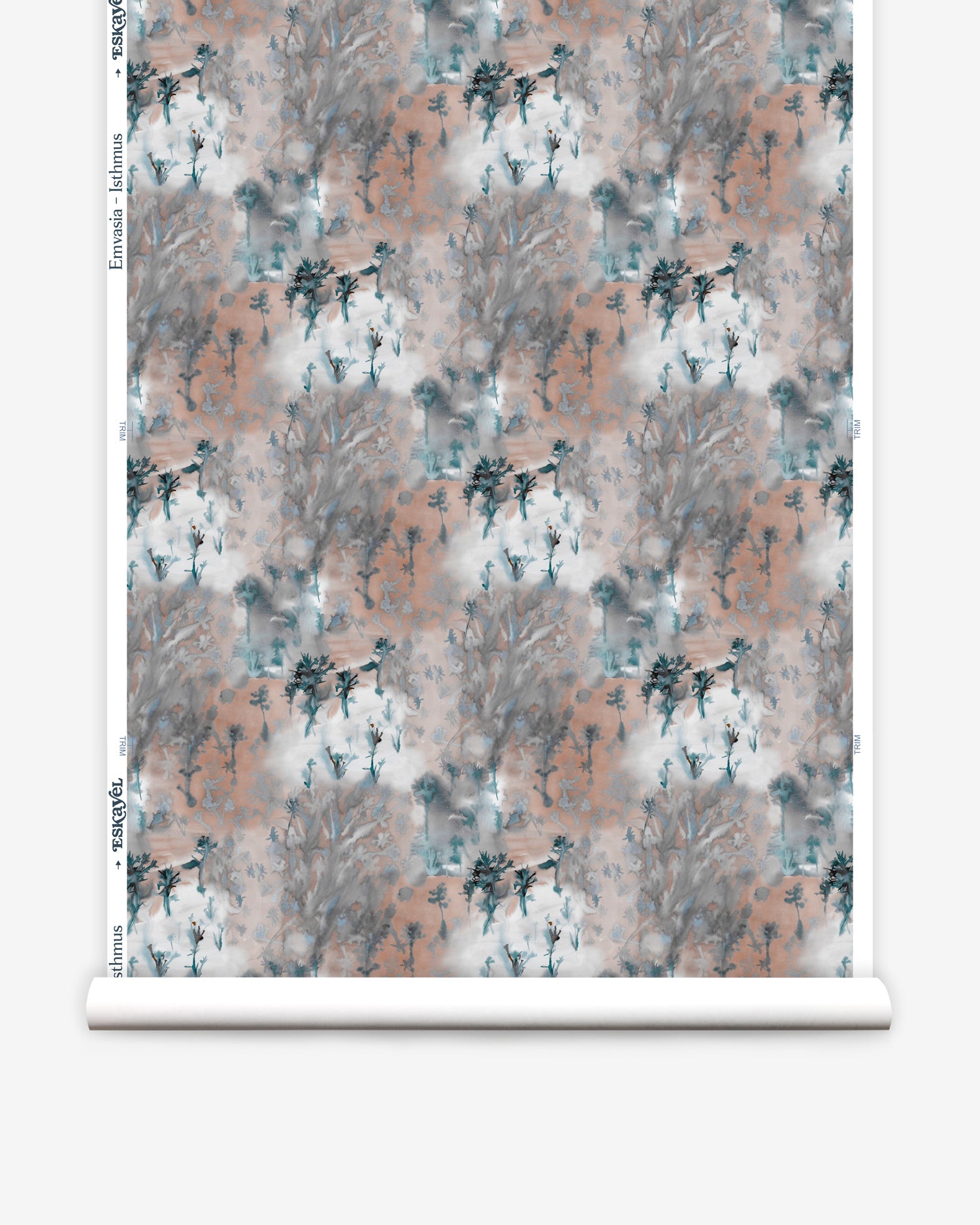 Wallpaper roll in a painterly tree print in light turquoise and gray on a coral field.
