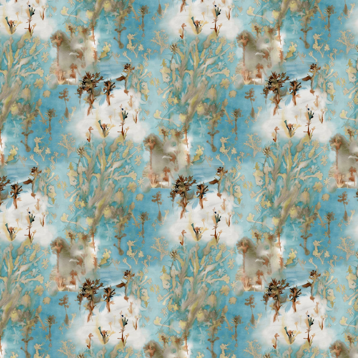 Detail of wallpaper in a painterly tree print in gray and tan on a turquoise field.