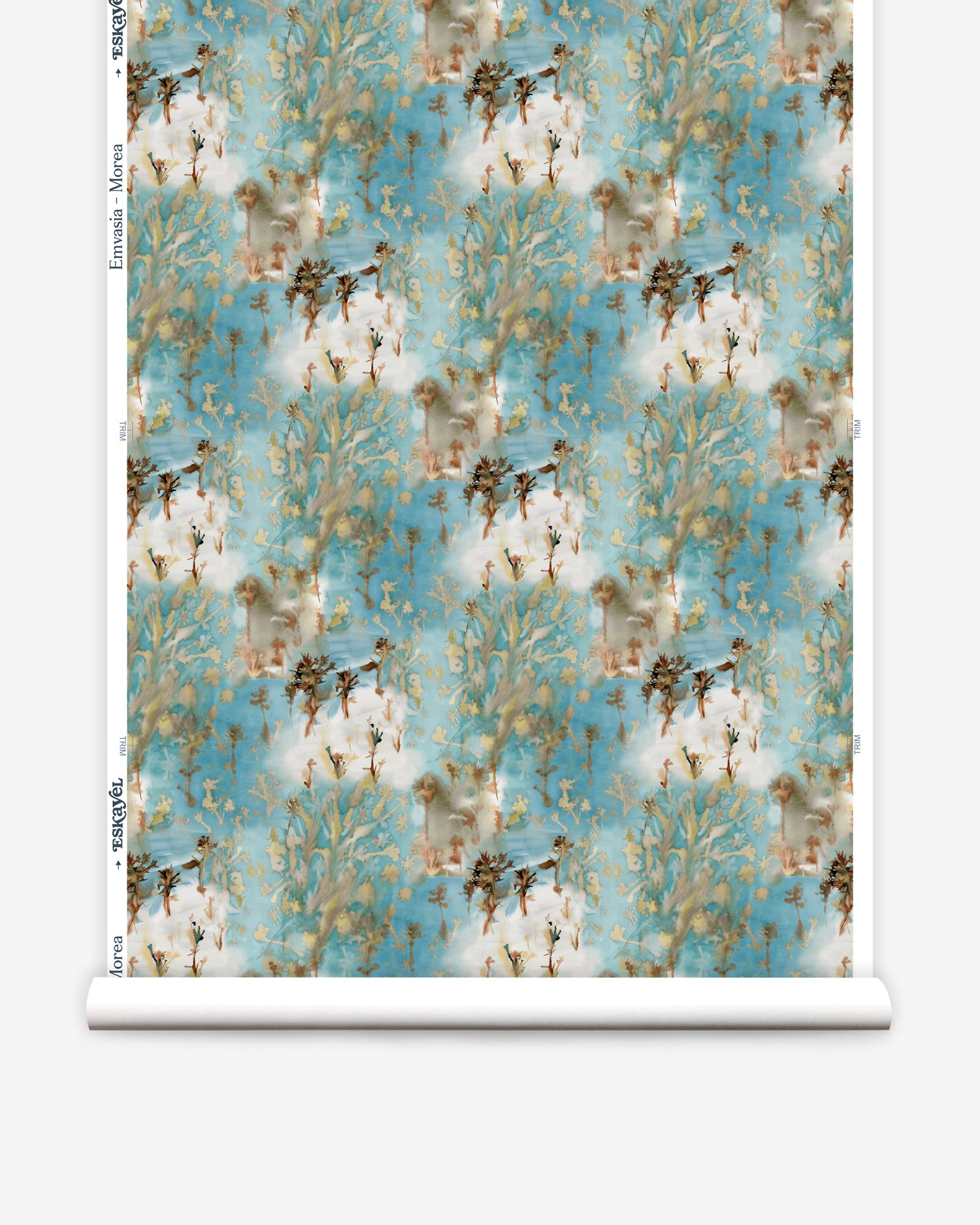 Wallpaper roll in a painterly tree print in gray and tan on a turquoise field.