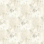 Detail of wallpaper in a painterly tree print in gray and tan on a white field.