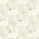 Detail of wallpaper in a painterly tree print in gray and tan on a white field.