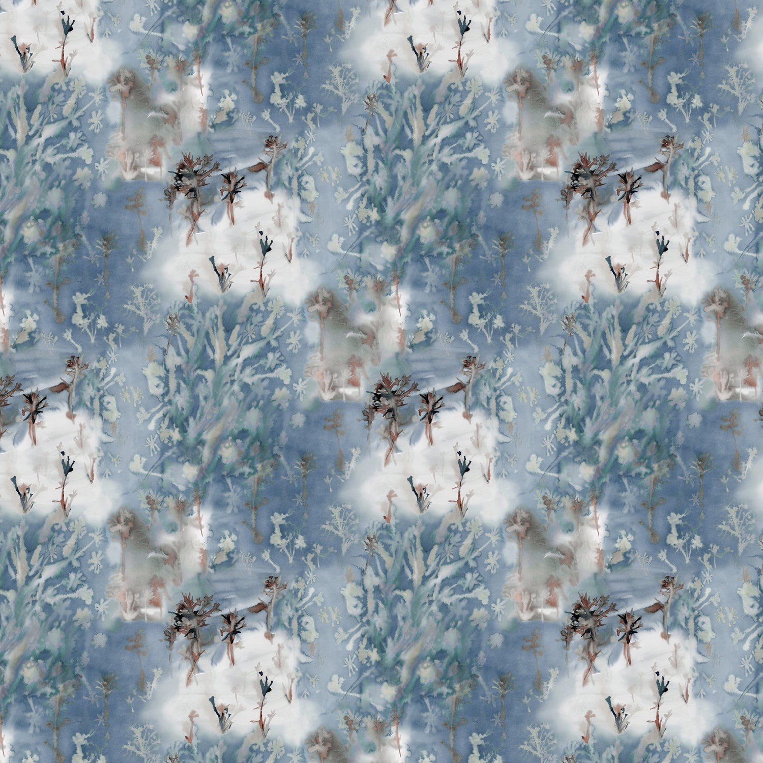 Detail of wallpaper in a painterly tree print in blue, gray and tan on a white field.