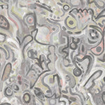 Wallpaper detail in abstract brushstroke design in shades of grey, tan and blush accents. 