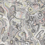 Wallpaper detail in abstract brushstroke design in shades of grey, tan and blush accents. 