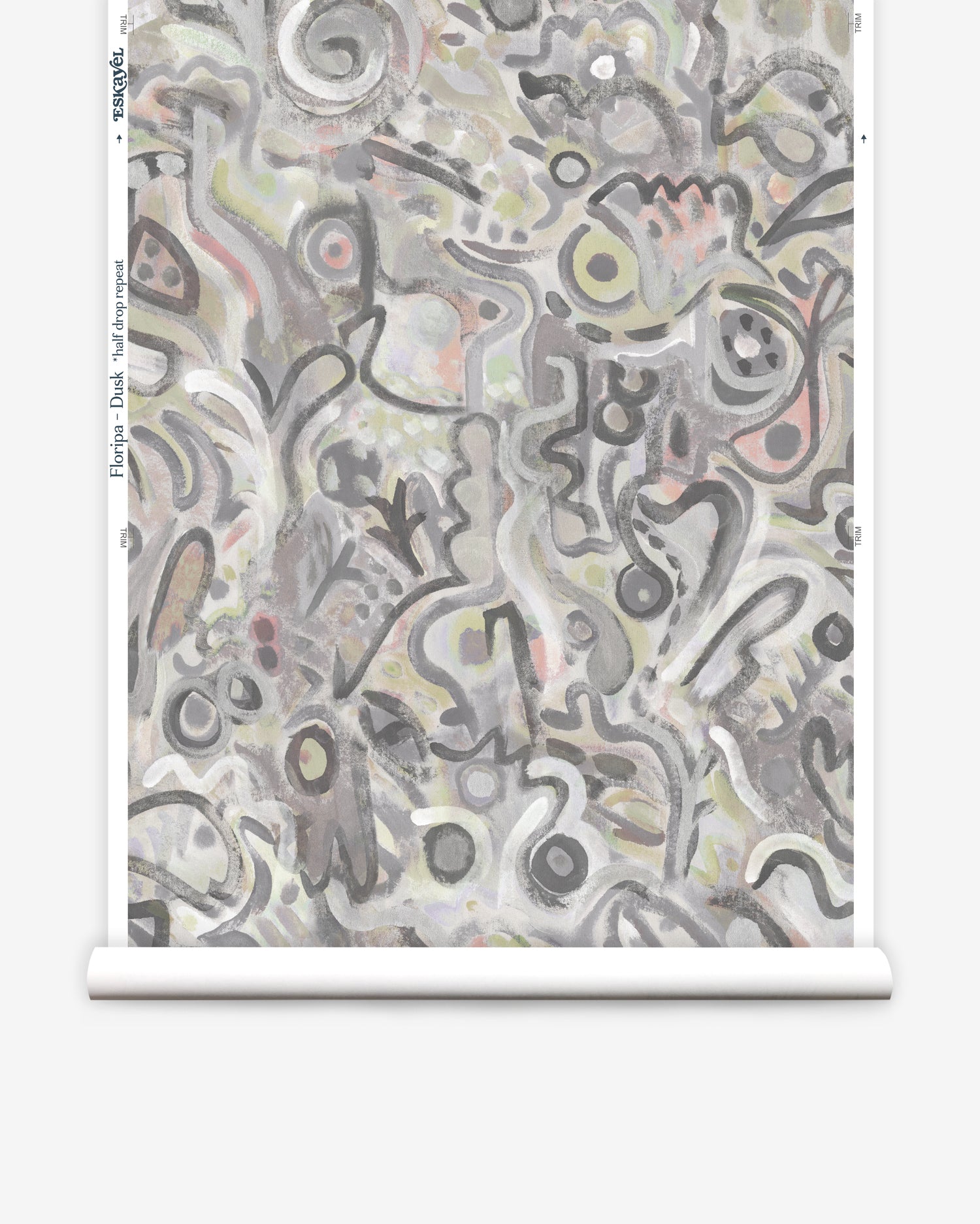 Wallpaper roll in abstract brushstroke design in shades of grey, tan and blush accents. 