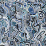 Wallpaper detail in abstract brushstroke design in shades of blue, aqua and black accents. 