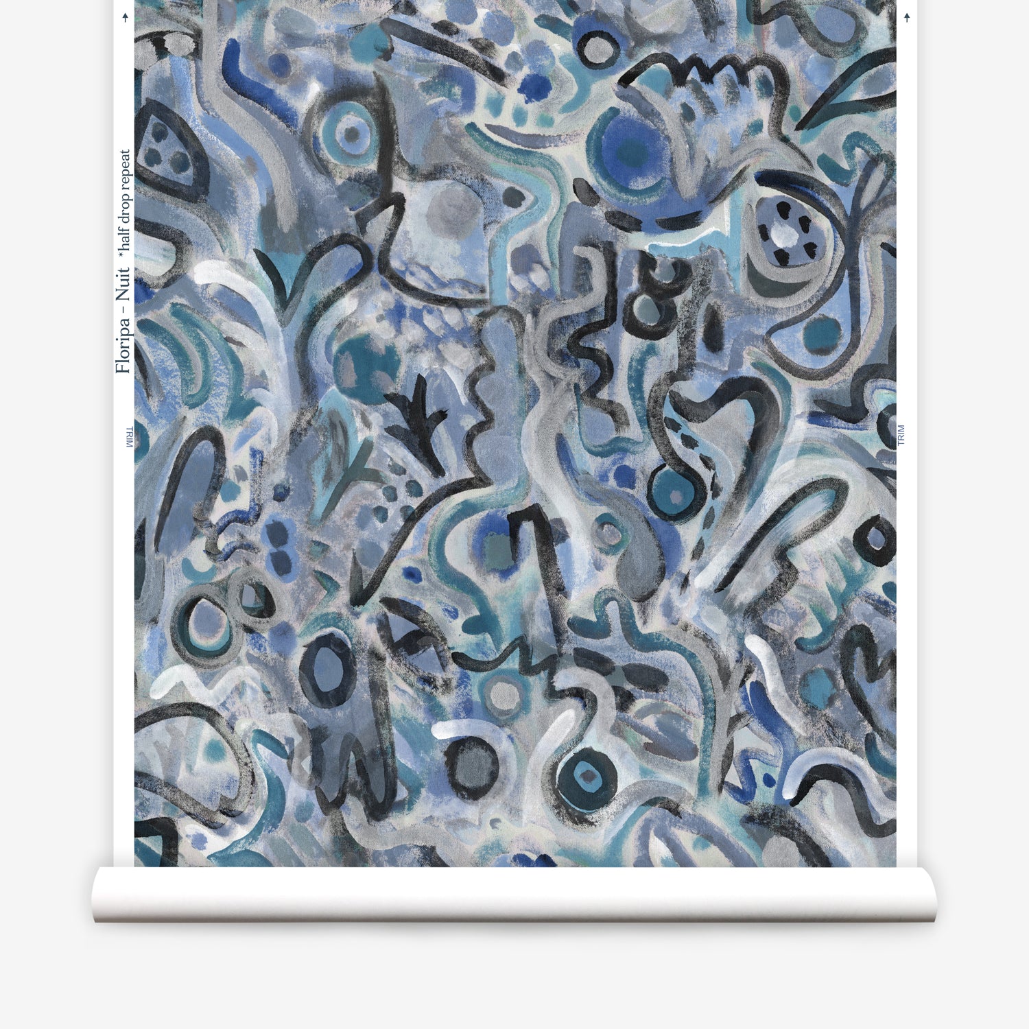 Wallpaper roll in abstract brushstroke design in shades of blue, aqua and black accents. 