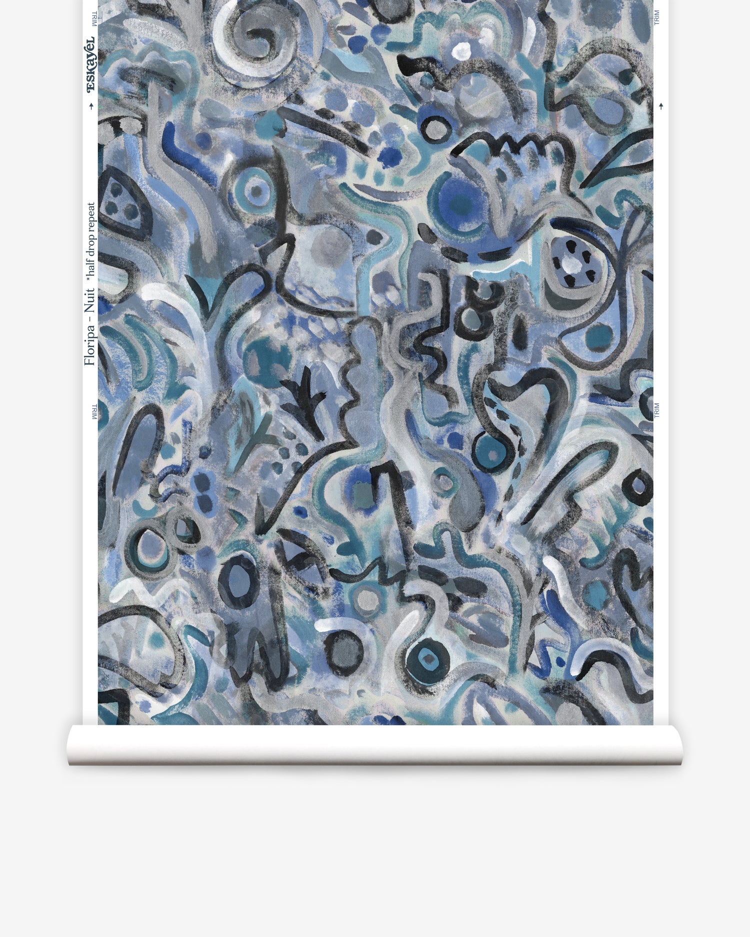 Wallpaper roll in abstract brushstroke design in shades of blue, aqua and black accents. 