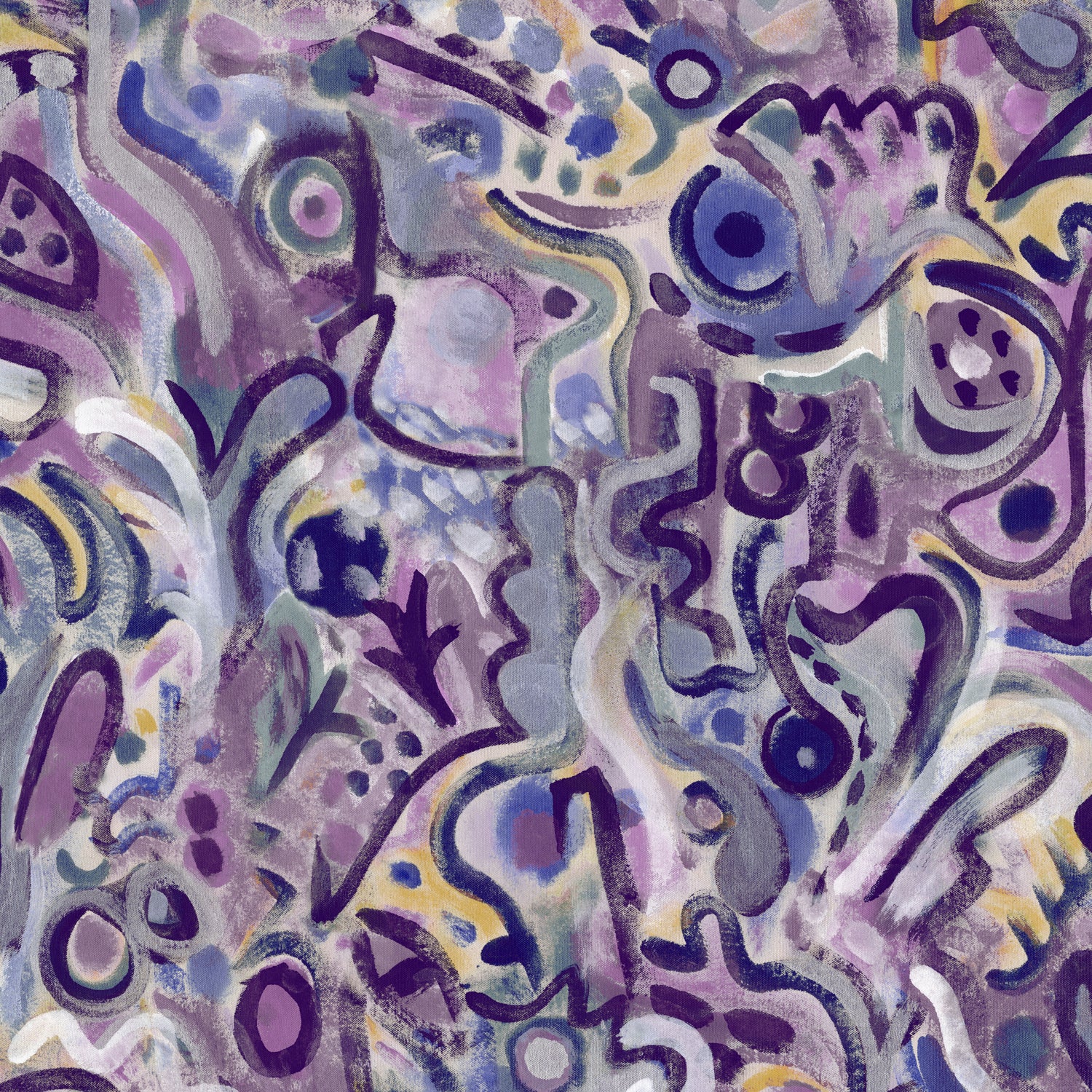 Wallpaper detail in abstract brushstroke design in shades of purple and black accents. 