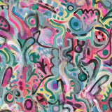 Wallpaper detail in abstract brushstroke design in shades of pink, turquoise, green, blue, yellow and black accents. 