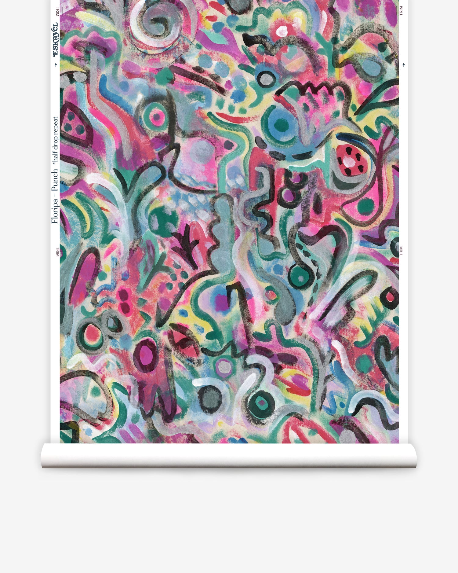 Wallpaper roll in abstract brushstroke design in shades of pink, turquoise, green, blue, yellow and black accents. 