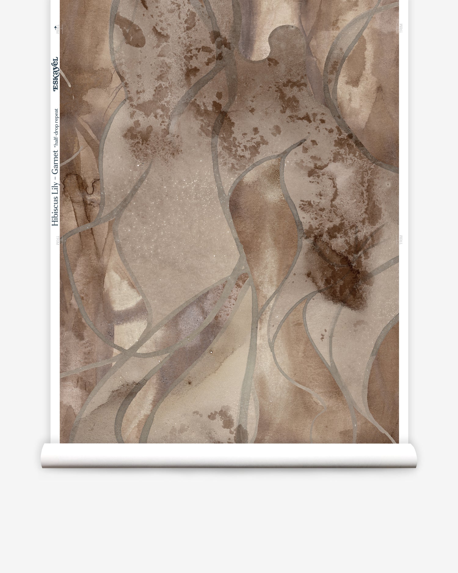Wallpaper roll in abstract floral bushstroke design in soft brown with grey. 