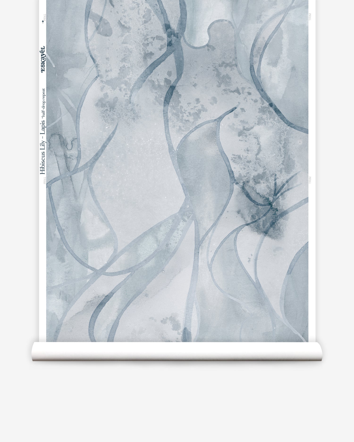 Wallpaper roll in abstract floral bushstroke design in soft slate blue. 